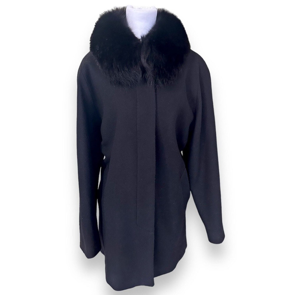 Genuine Fox Fur Collar Trench Coat Jacket Size 12 100% Wool Black Finland​​​​​